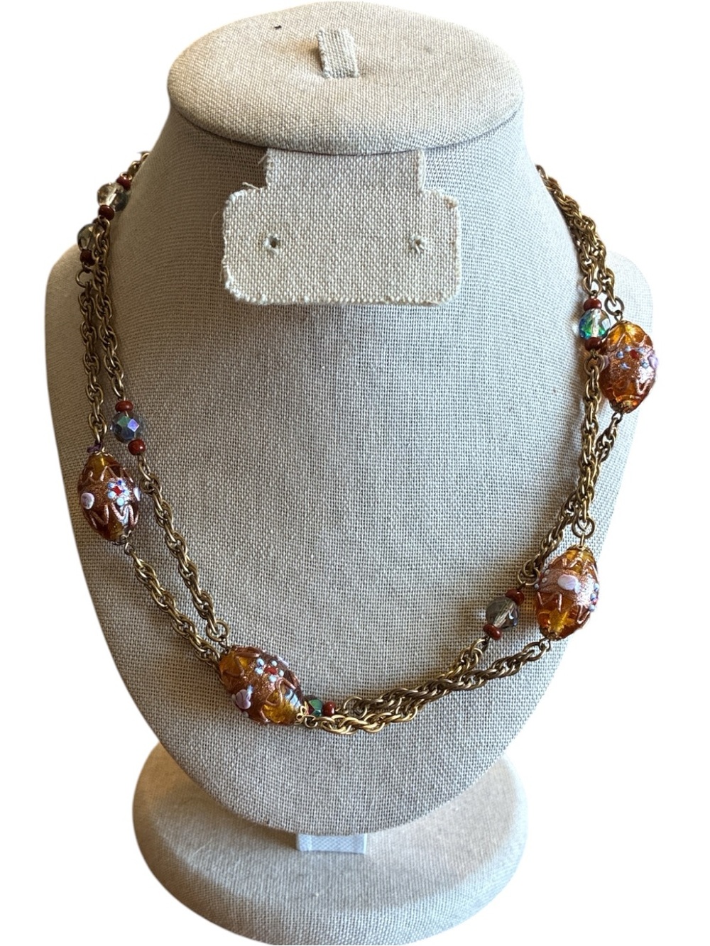 Gold-Tone Necklace with Amber Wedding Cake Glass Beads